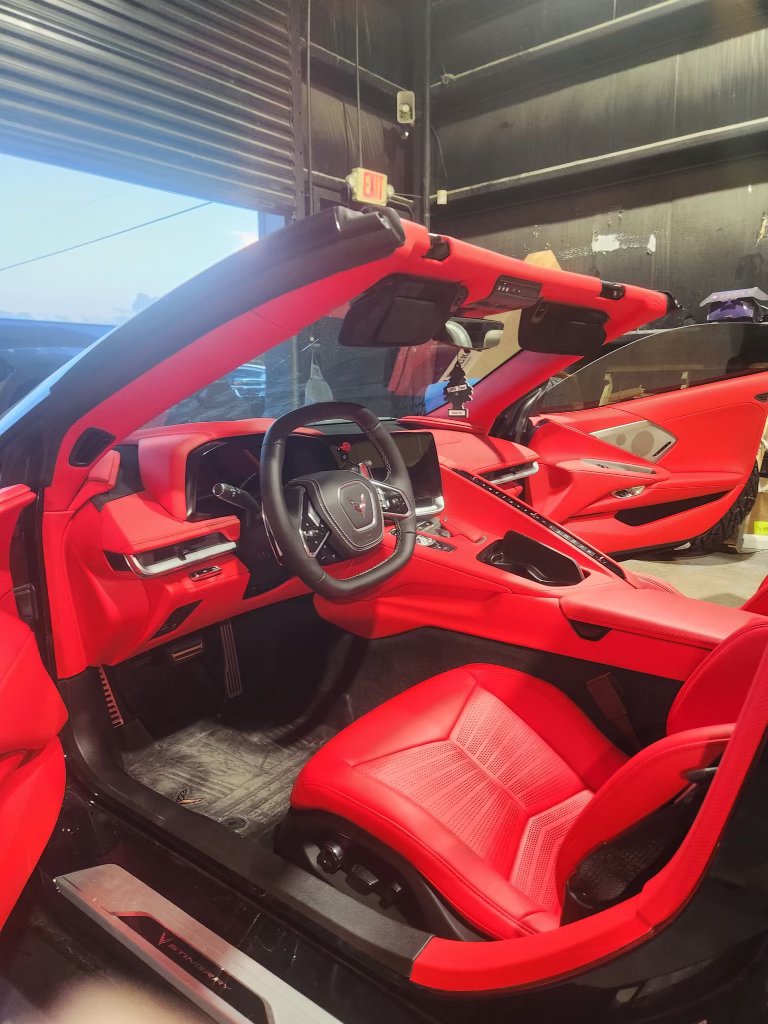 Full custom red leather interior on Corvette C8 convertible, Level Up Customs, Alvin TX