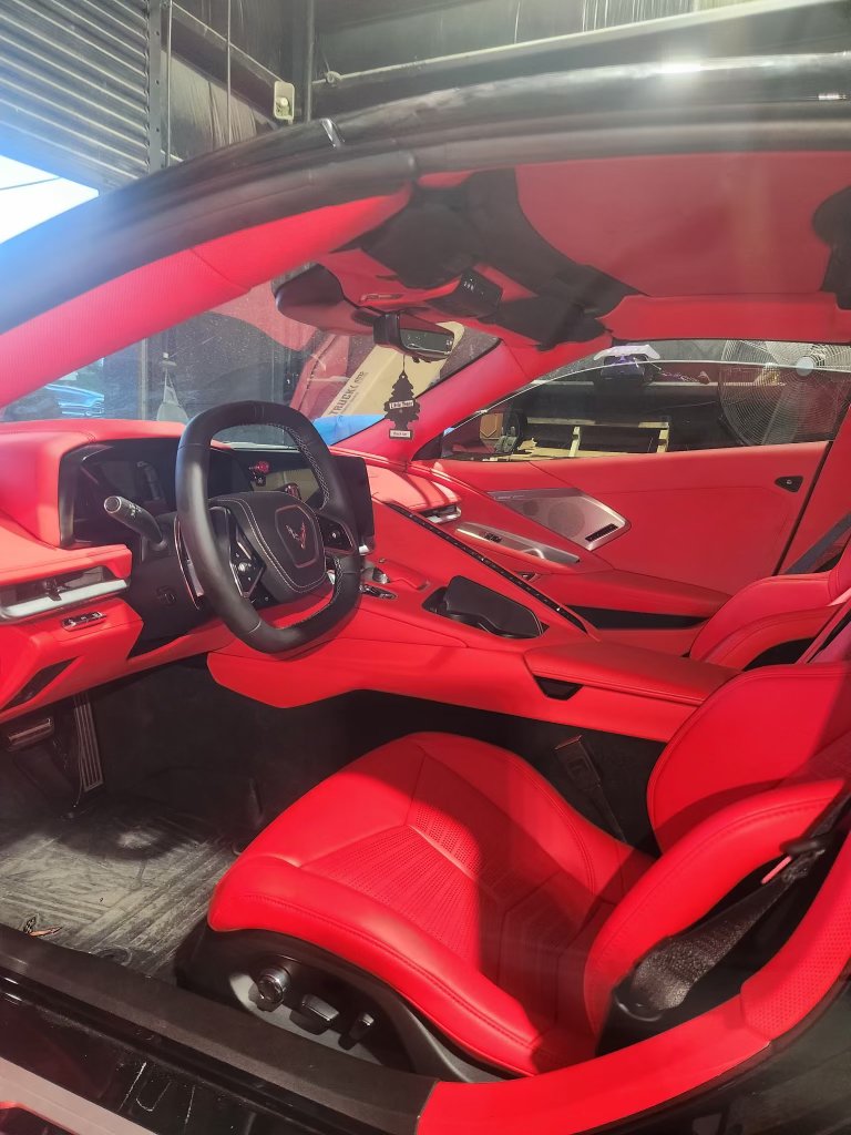 Corvette C8 custom red leather seats and door panels, Level Up Customs, Alvin TX
